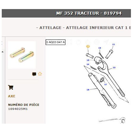 Broche D'Articulation 7/8 x 3 1/6 " - pour Massey Ferguson - Adaptable - Ref origine : 1694025M1