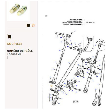 Axe d’attelage - pour Massey Ferguson - Adaptable - Ref origine : 186802M1