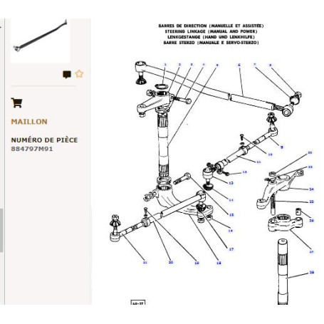 Barre De Direction - pour Massey Ferguson - Adaptable - Ref origine : 884797M91