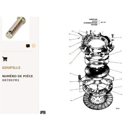 Broche Embrayage (x3) 1 3/16 " - pour Massey Ferguson - Adaptable - Ref origine : 887897M1