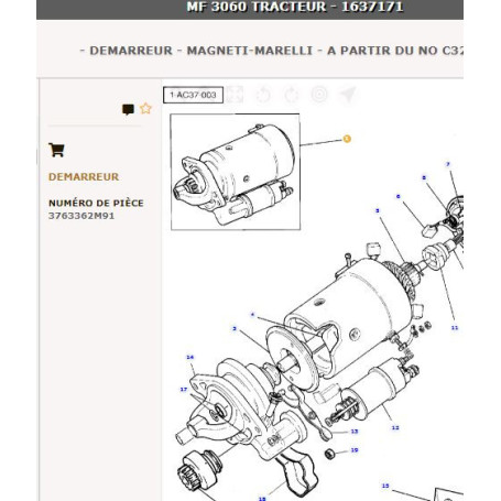 Demarreur - pour Massey Ferguson - Adaptable - Ref origine : 3763362M91