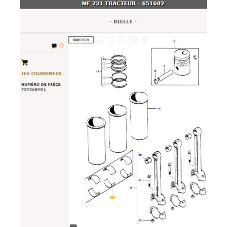 Jeu de paliers de bielle - pour Massey Ferguson - Adaptable - Ref origine : 737068M91