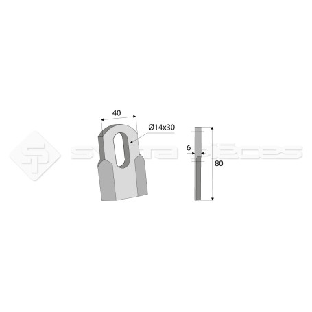 Couteau droit  - Ferri - Long. : 80mm - Diam du trou : 14x30mm