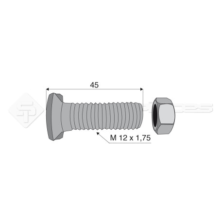 Boulon tête fraisée 2 ergots - Diam. : 12 - Pas : 175 - L : 45mm - Vendu par x25