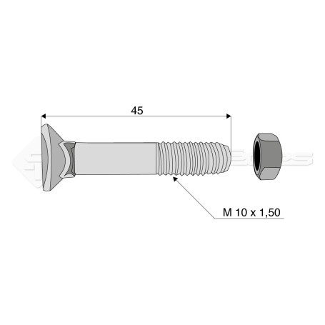 Boulon tête fraisée collet carré - Diam. : 10 - Pas : 150 - L : 45mm - Vendu par x25