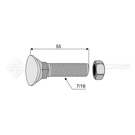 Boulon de soc tête ovale collet carré - Diam. : 7/16 - Pas : 20NF - L : 55mm - Vendu par x25