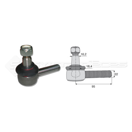Filetage extérieur -- Base cône: 16.2 - Haut cône: 18.4 - Long. Rotule: 95 - Diam. Tige: 22  - Ref. 70418