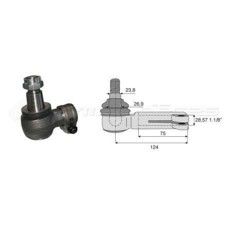Filetage intérieur -- Base cône: 23.8 - Haut cône: 26.9 - Long. Rotule: 124 - Diam. Tige: 28.57
