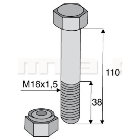 Boulon complet Diamètre 16, Pas de vis 150, L110