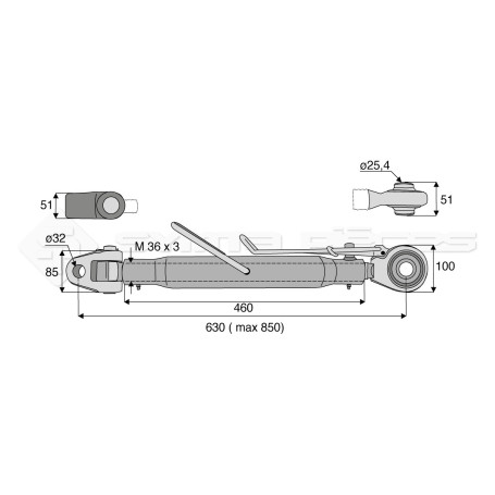 Barre de poussée mécanique - Diam. Coté tracteur : 32 - Diam. Coté outil : 25.4 - Réf: SY3PA32R2460