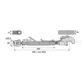 Barre de poussée mécanique - Diam. Coté tracteur : 25.4 - Diam. Coté outil : Crochet cat 3 - Réf: SY3PA25C3460