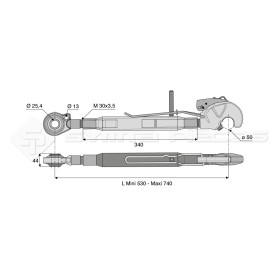 Barre de poussée mécanique - Marque: CNH - Diam. Coté tracteur : 25.4 - Diam. Coté outil : Crochet cat 2 - Réf : DA22491 - Ref: 