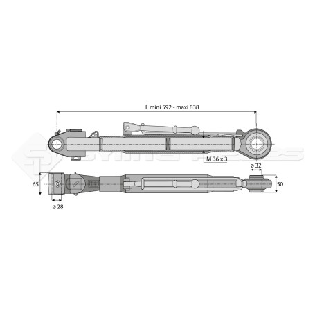 Barre de poussée mécanique - Marque: CNH - Diam. Coté tracteur : 28 - Diam. Coté outil : 32 - Réf: SY3PA28R3400NH